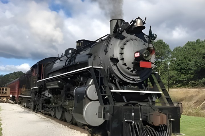 Black steam locomotive on tracks with cloudy sky and trees in background.
